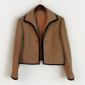 Vintage Women's Wool Jacket Blazer Tan Black Trim 1970s 100% Virgin Wool USA